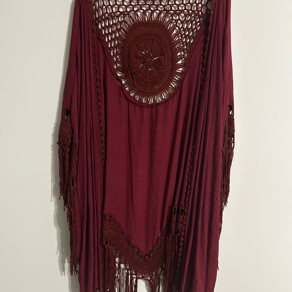 Everleigh Maroon Crochet Poncho with Fringe